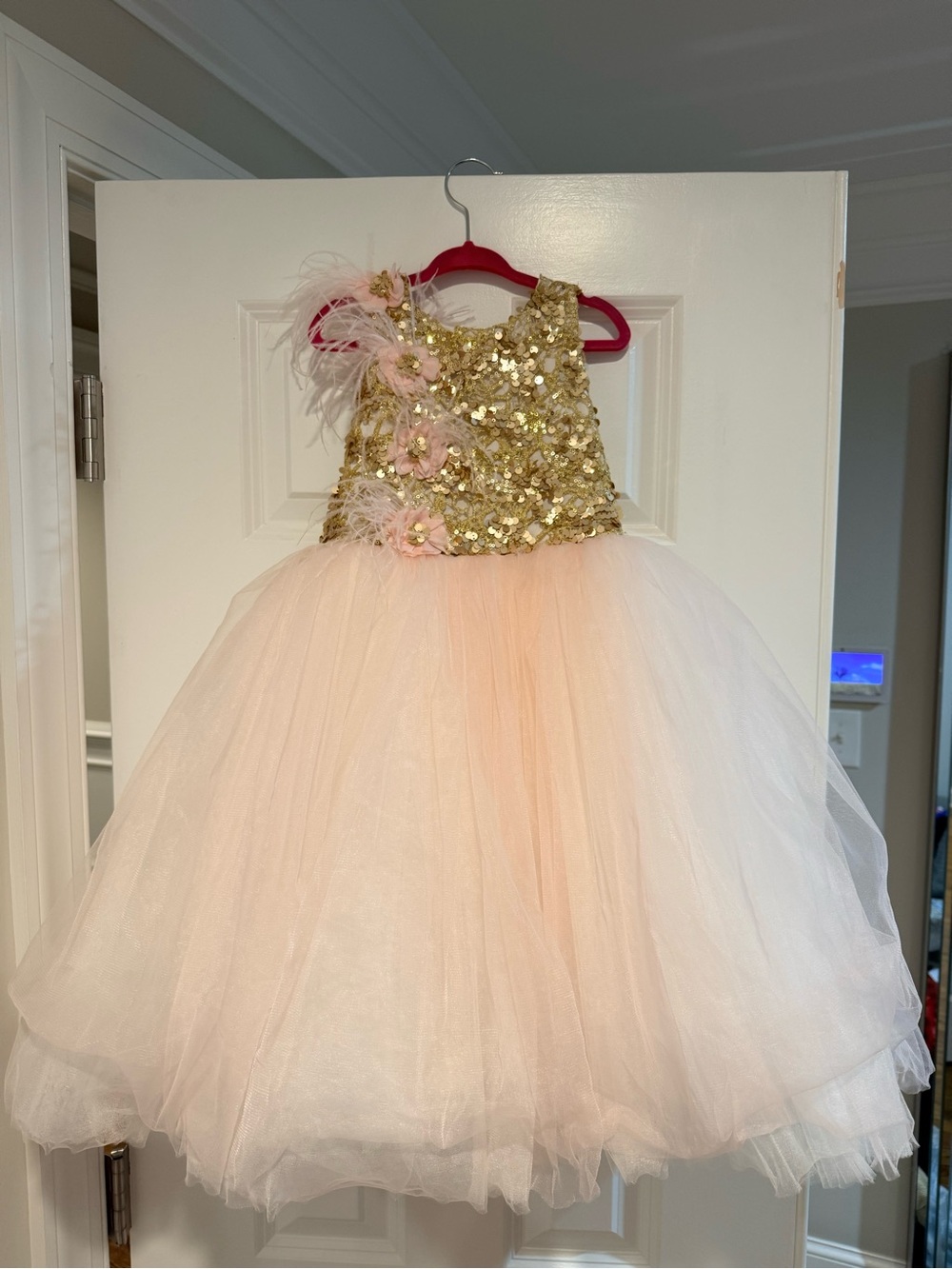 Tulleen Gold Sequin and feathers dress with pink tulle full skirt